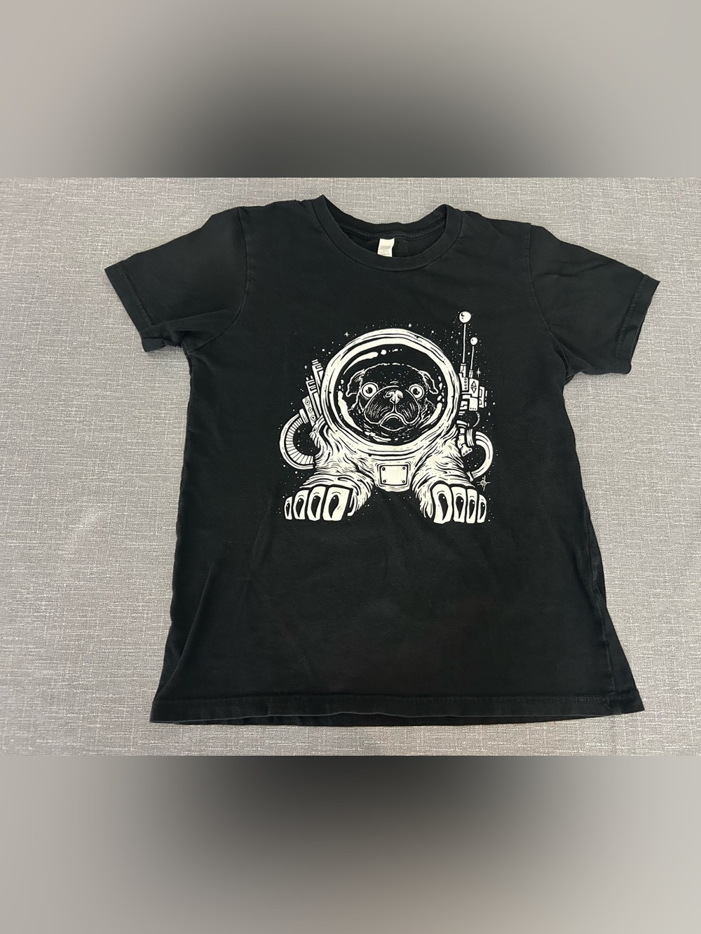 Black Kids T-Shirt with White Astronaut Pug Dog Graphic 12/14